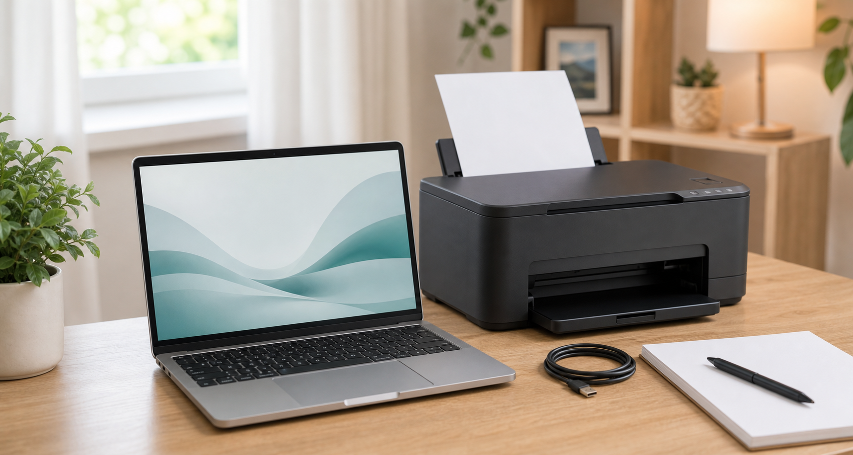 Laptop und Drucker auf einem hellen Schreibtisch