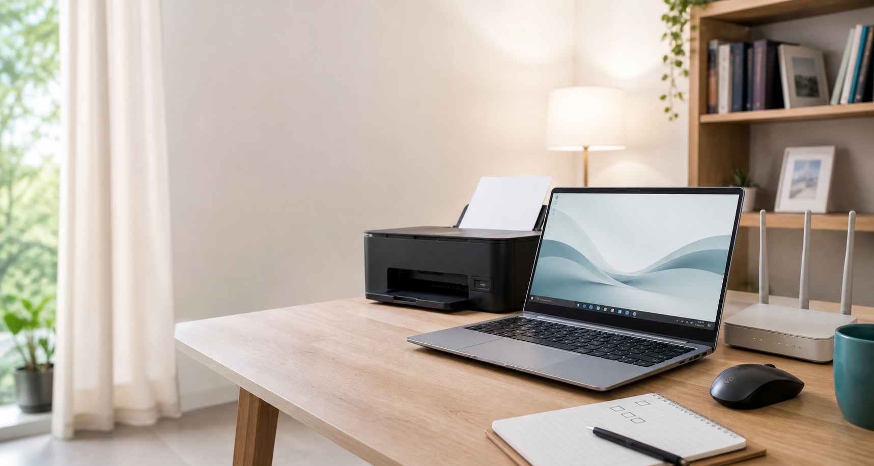 Heller Schreibtisch mit Laptop, Drucker und WLAN-Router