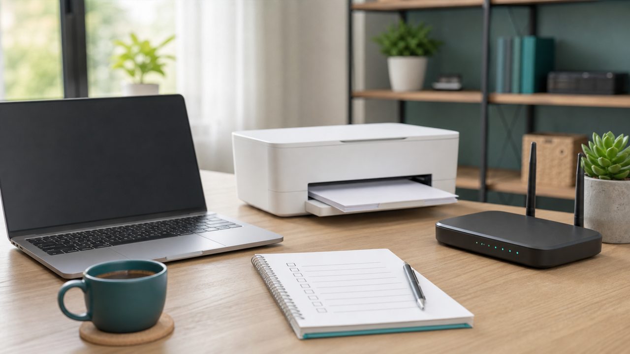 Laptop, Drucker, Router und Notizbuch zur Technik-Kaufberatung