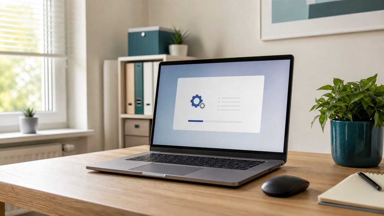 Laptop auf einem hellen Schreibtisch zur Einrichtung