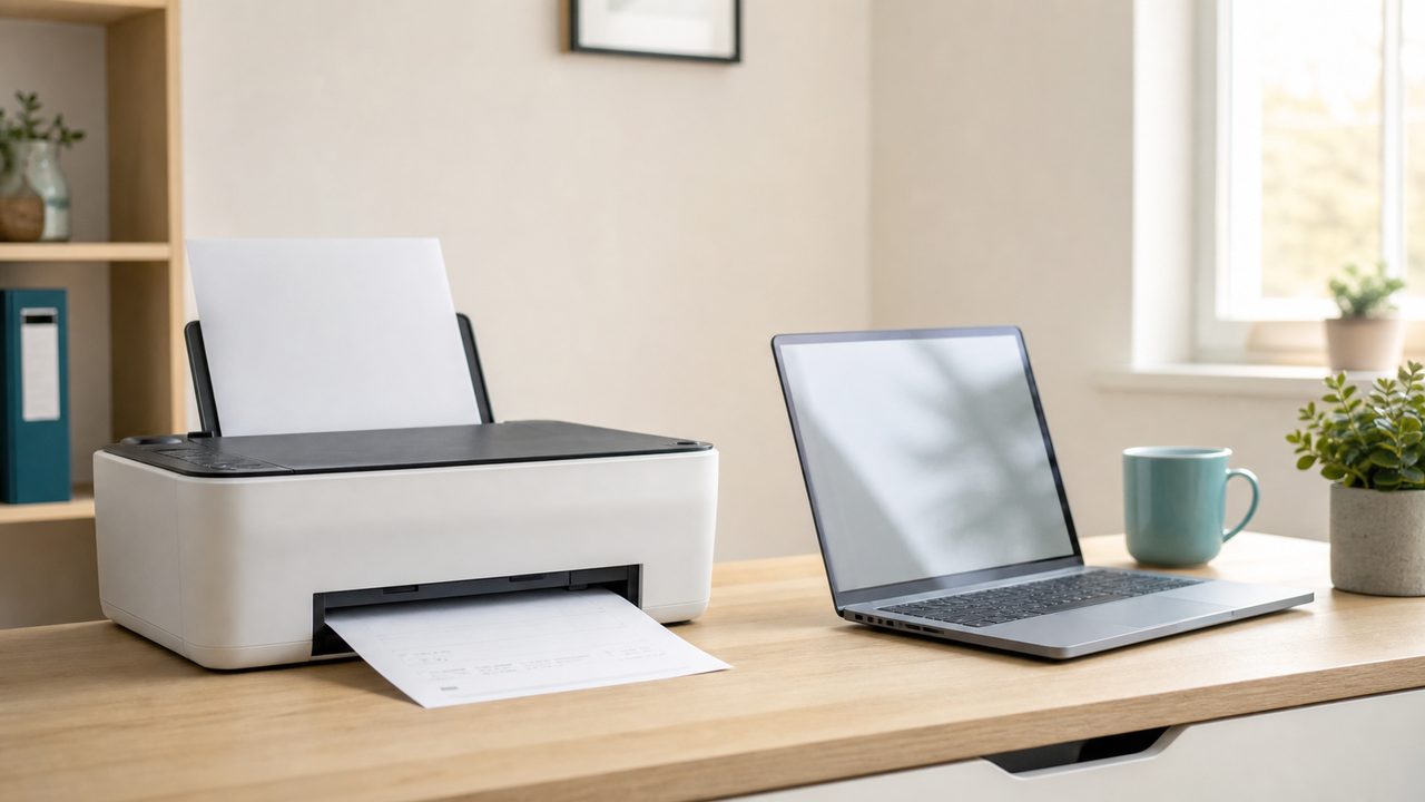 Drucker und Laptop auf einem hellen Schreibtisch