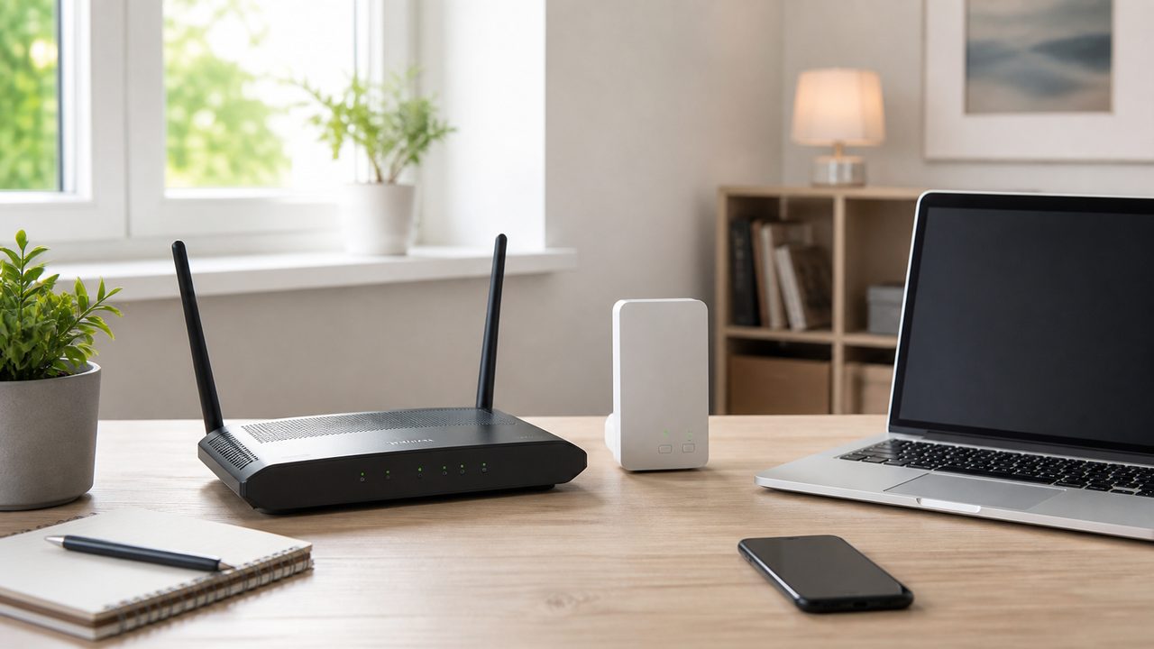WLAN-Router, Repeater, Laptop und Smartphone auf einem hellen Schreibtisch