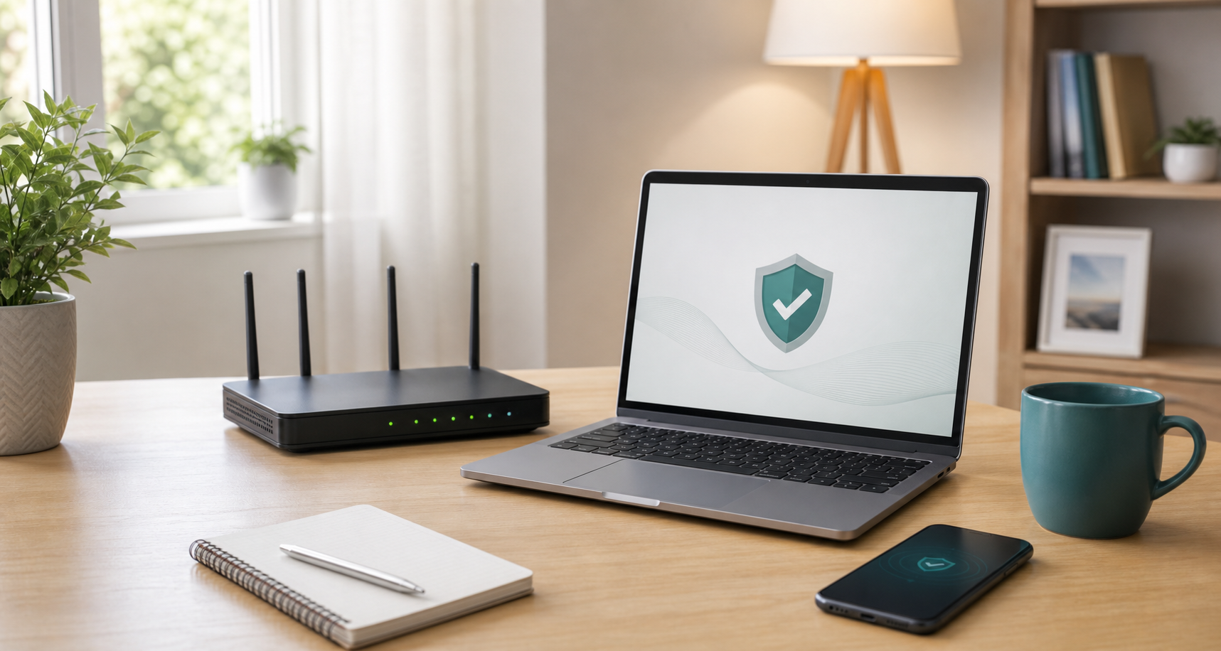 Laptop, Smartphone und WLAN-Router auf einem Schreibtisch